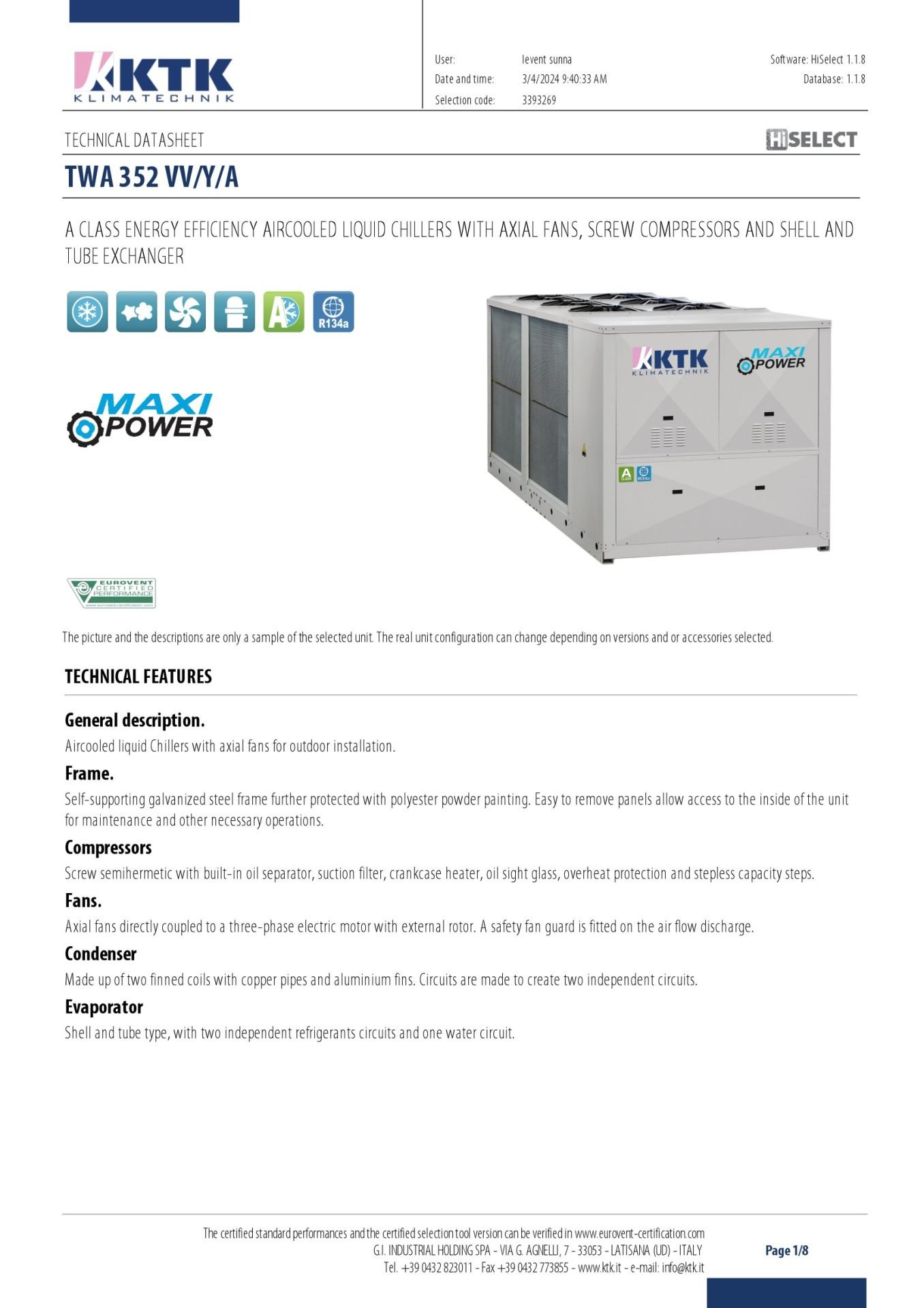 SIFIR ÜRÜN - TWA 352 VV/Y/A AIRCOOLED LIQUID CHILLERS